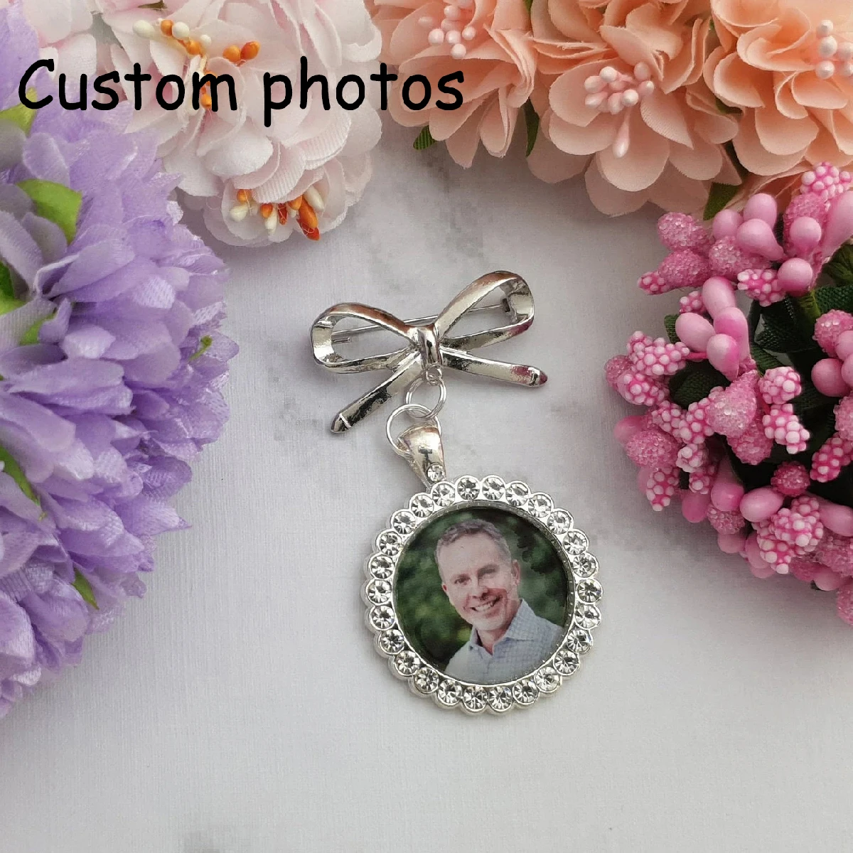 Personalized Photo Lapel Bow Pin Brooch with Any Photo, Wedding Memorial Remembrance Keepsake for Groom, Usher, Loved One