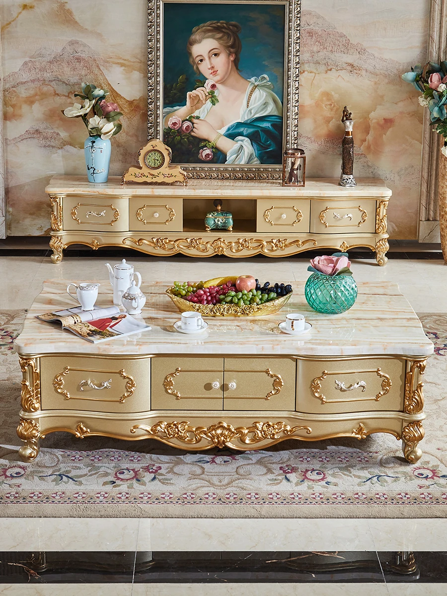 European marble coffee table TV cabinet combination all solid wood oak champagne gold arc circle