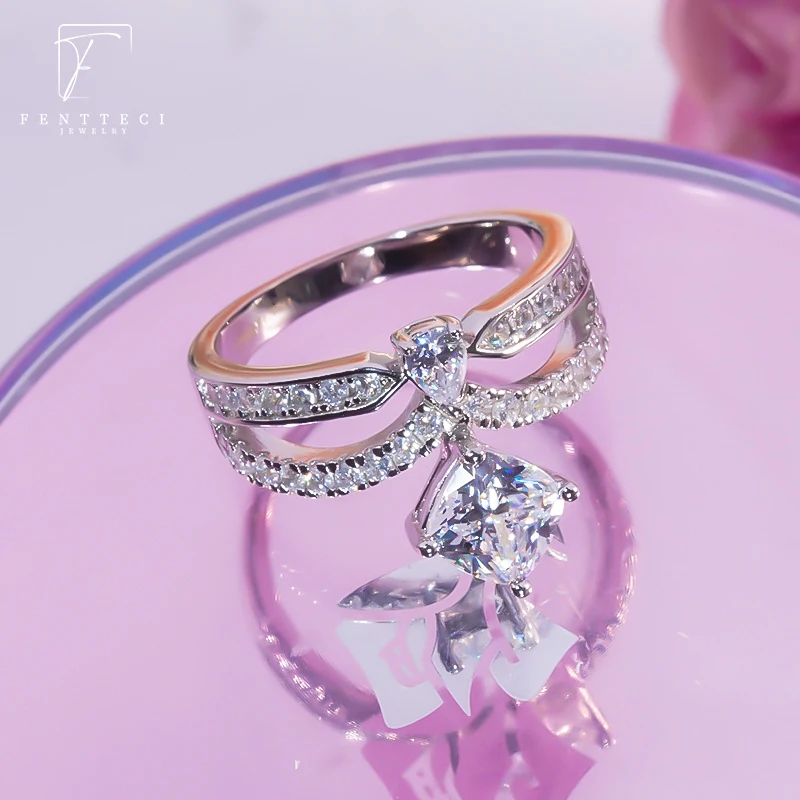 FENTTECI 925 Sterling Silver Platinum Plated Moissanite Crown Ring Micro-set Water Drop Luxury Jewelry for Women Wedding Gift