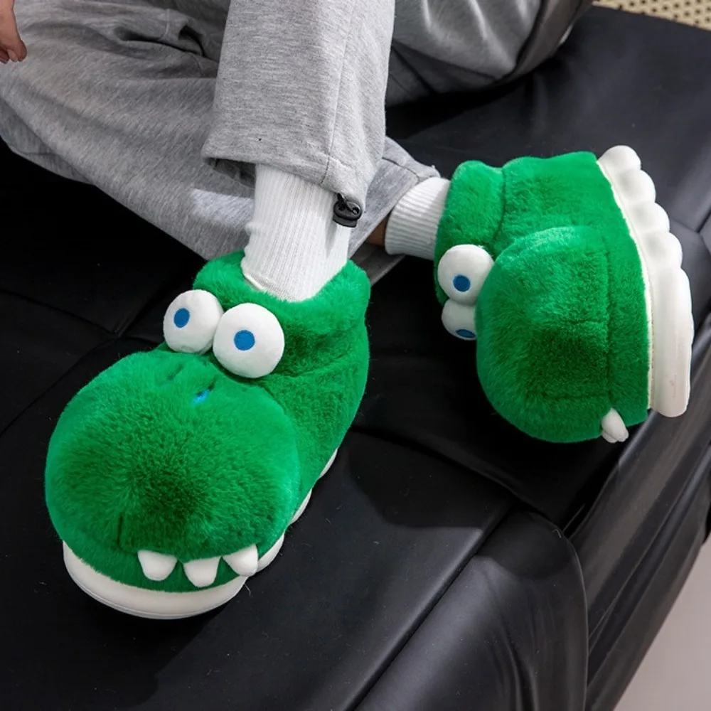 Novelty Crocodile Dinosaur Plush Slippers Green Anti Slip Platform Flat Slippers Homewear Winter Thicken Warm Slippers Couple