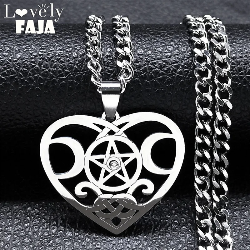 Wicca Heart Triple Moon Pentagram Goddess Necklace Stainless Steel Crystal Celtic Knot Magic Supernatural Necklaces Jewelry Gift