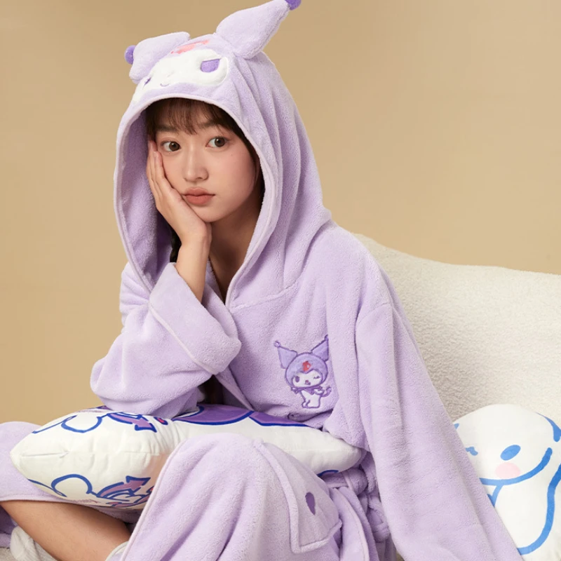 Sanrio Kuromi Coral Velvet Nightgown Water Absorption and Quick Drying Bathrobe for Adults Couple Towel Style Bathrobe Girls Boy