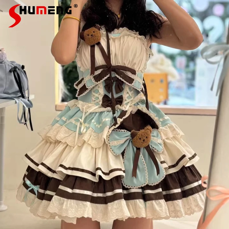

Cute Sweet Girl Lolita Puffy Mini Dress Sleeveless Ruffles Splicing Bow High Waist Slim A-line Kawaii Princess Short Dress Women