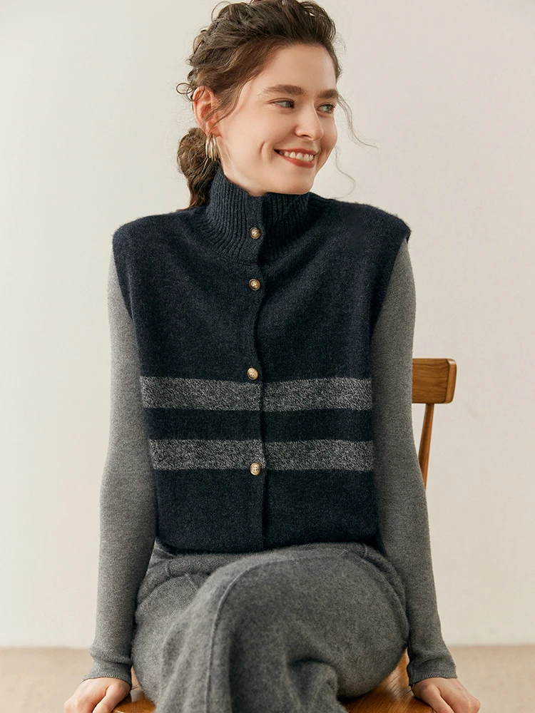 CHICUU ฤดูใบไม้ร่วงฤดูหนาวผู้หญิง 100%แคชเมียร์ถักเสื้อกั๊กคอเต่าลายวินเทจสไตล์แขนกุดเสื้อคาร์ดิแกนแคชเมียร์