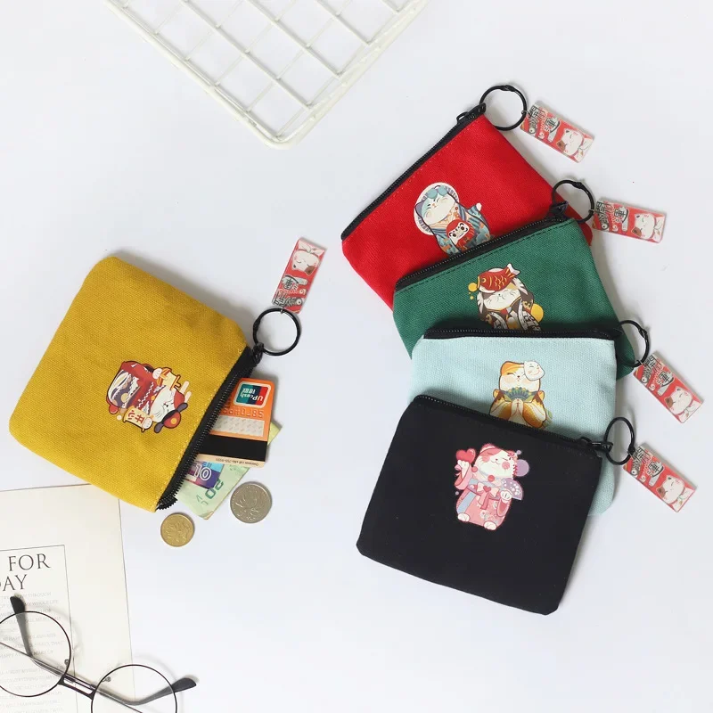 

Woman Canvas Wallet Maneki Neko Cute Cartoon Coins Cards Key Chain Portable Ins Multifunction Short Purse Red Black