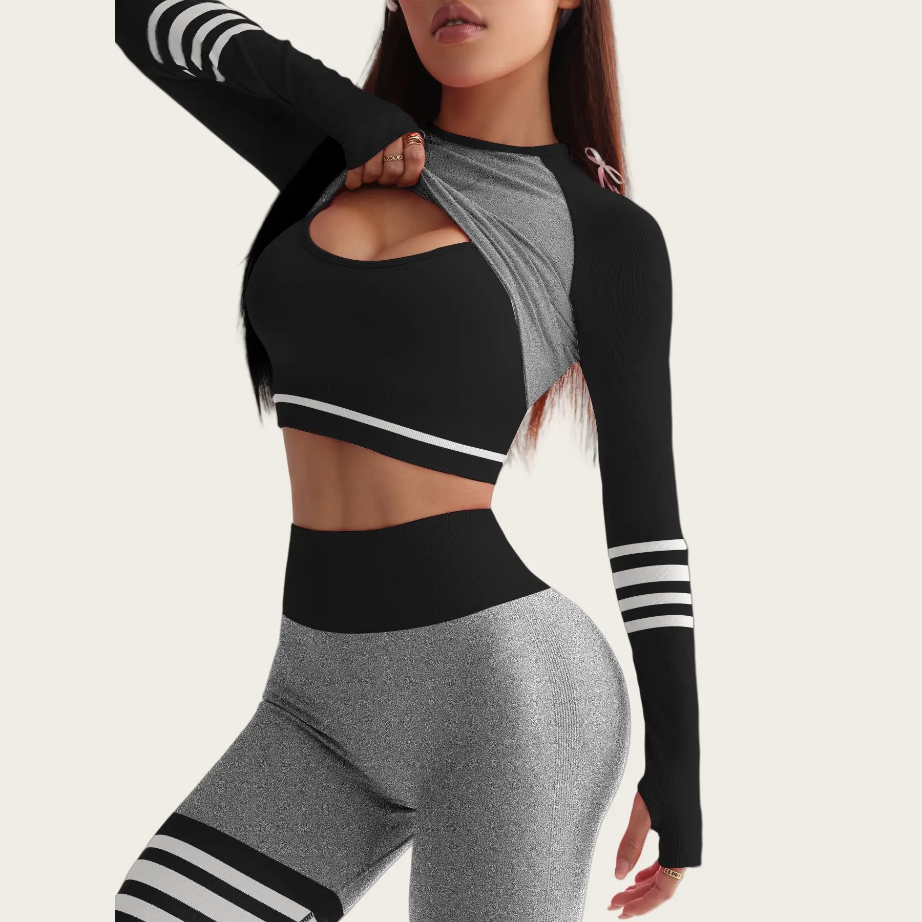 

Полосатые персиковые женские брюки для йоги с подтяжкой бедер, плотные, с высокой талией для танцев, быстросохнущие спортивные брюки для фитнеса, бюстгальтер с длинными рукавами