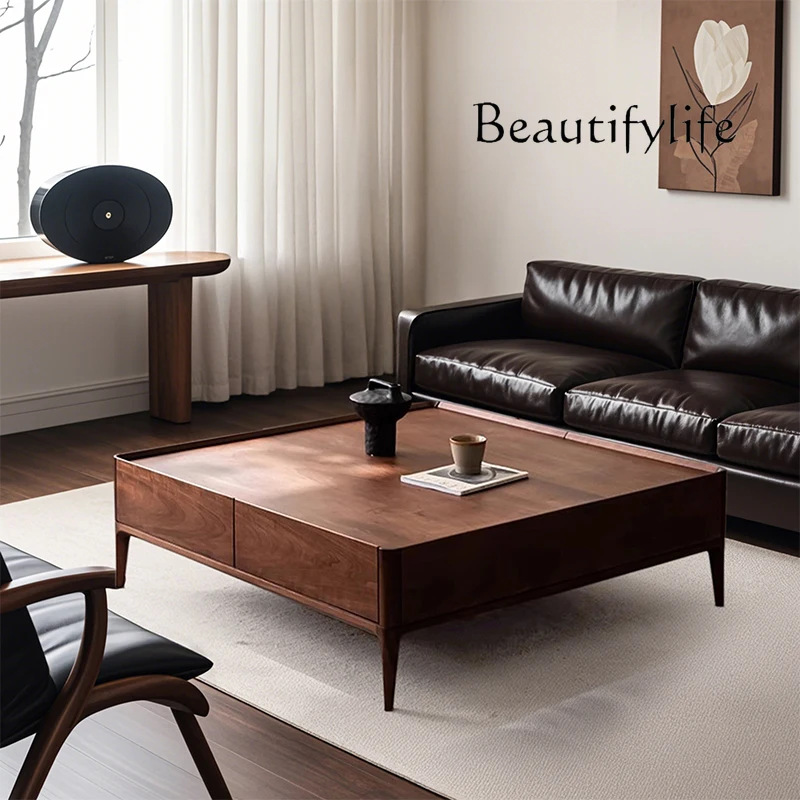 

Italian light luxury solid wood coffee table living room square walnut color minimalist coffee table Nordic minimalist table