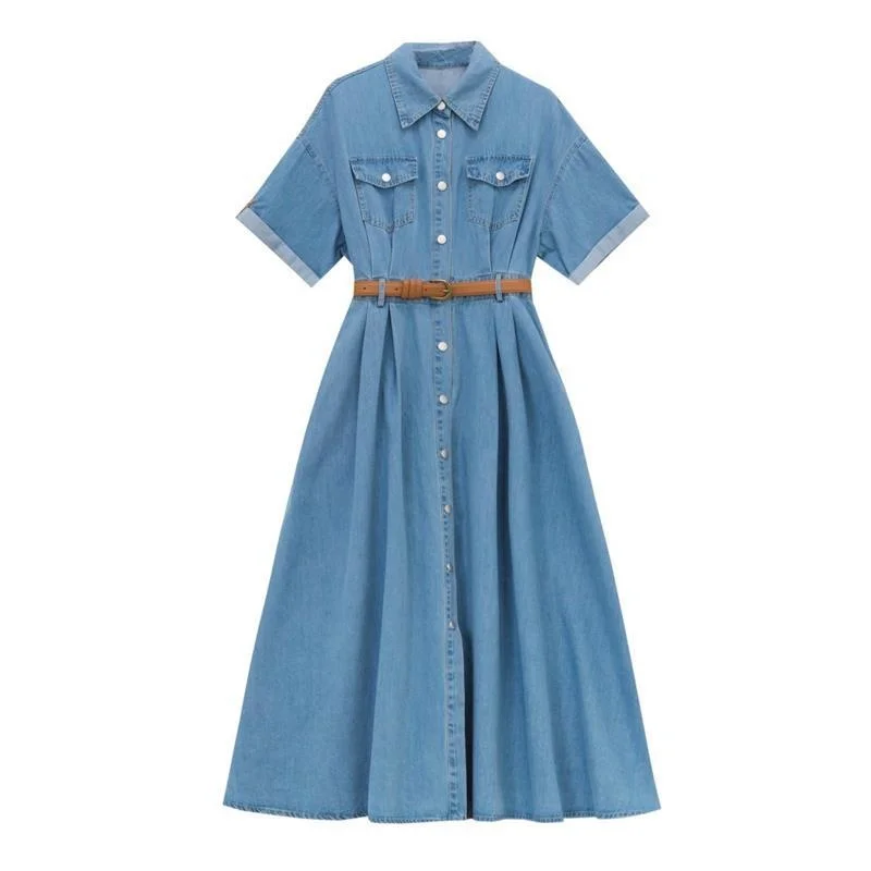 Casual Short Sleeve Pockets Cardigan Single Breasted Denim Dress Elegant Women Summer Loose Mid-calf Length Party Dresses