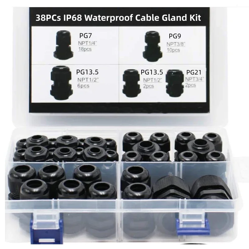 

38PCs IP68 Waterproof Cable Gland Kit Nylon PG7 PG9 PG13.5 PG21 Electrical Connectors for Junction Box Enclosure Sealing