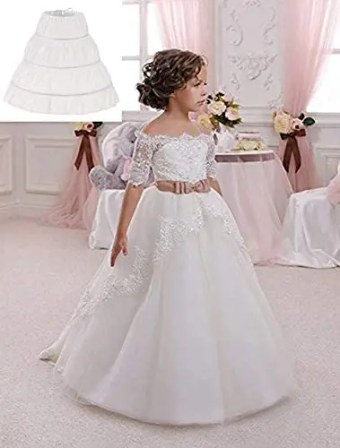 White Children kids Petticoat A-Line 3 Hoops One Layer Kids Crinoline Lace Trim Flower Girl Dress Underskirt Elastic Waist