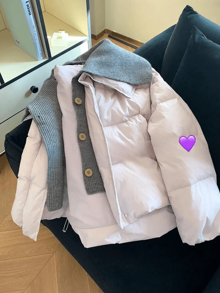 Pale Purple Knitted Splice Short Cotton Jacket Women's Autumn Winter Thick Warm Super Beautiful Cotton Coat Top