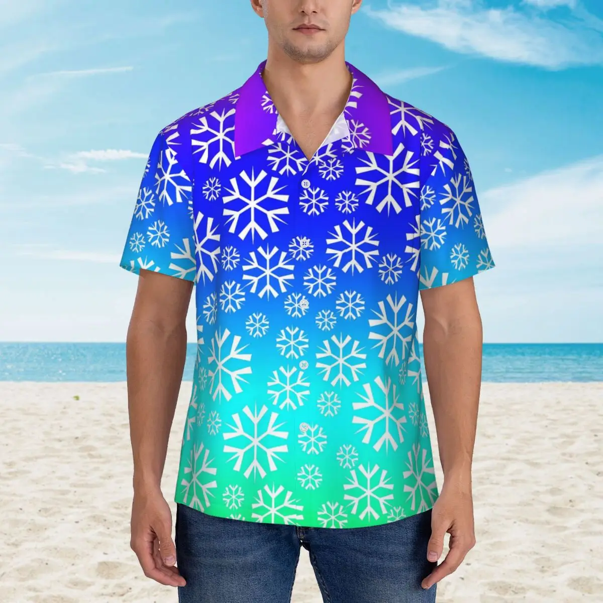 

White Snowflake Beach Shirt Ombre Print Summer Casual Shirts Men Retro Blouses Short Sleeve Korean Fashion Graphic Tops