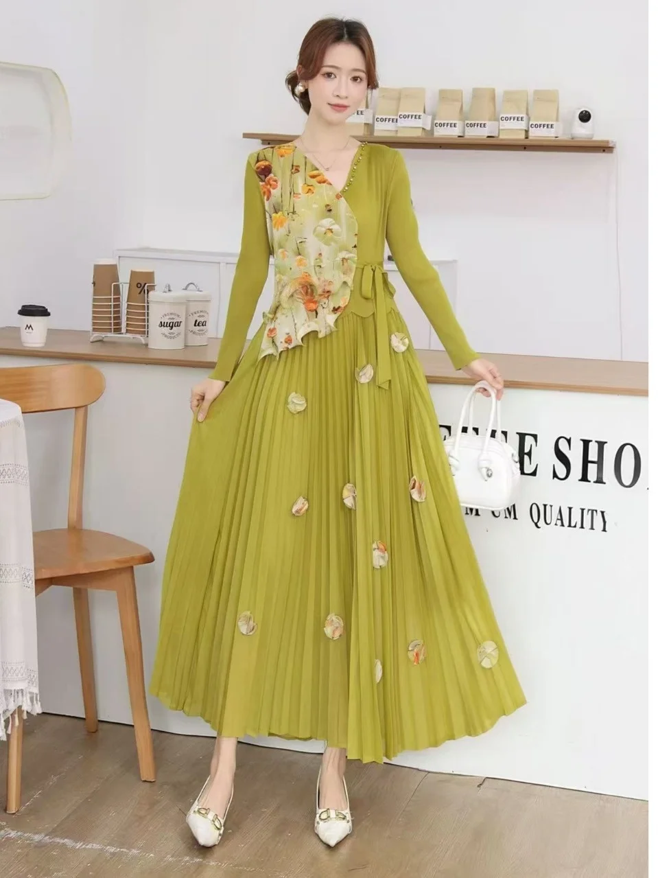 A-Line Midi Dr مع طباعة خشبية مطوية، زخرفة خرزية، زخرفة زهور ثلاثية الأبعاد للنساء Ele Ci...