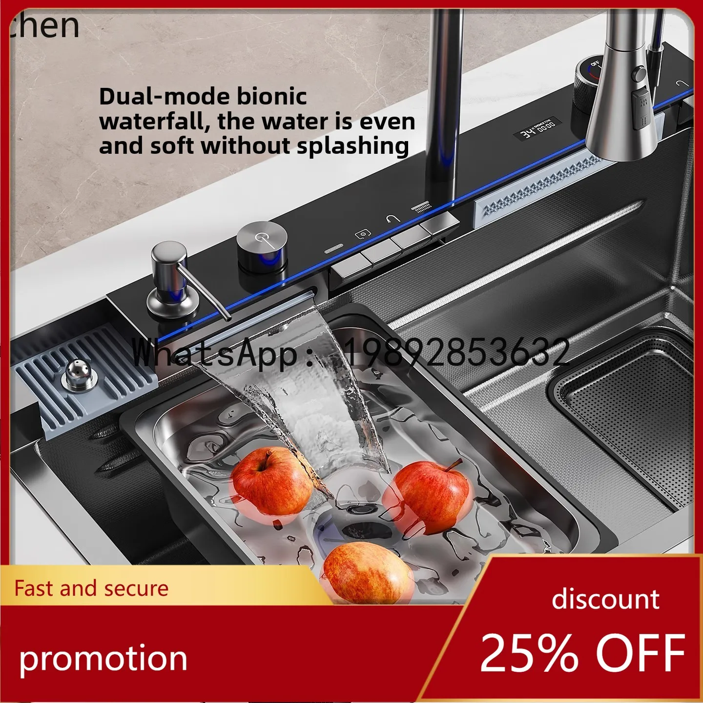 YFY  Extra Thick 5.0 Raindance Waterfall 304 Kitchen Honeycomb Single Slot Digital Display Thickened Stainless Steel Sink