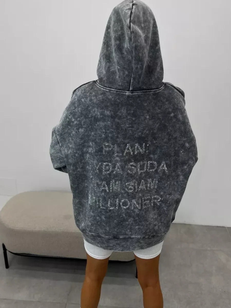 Autumn And Winter Thick Women's Loose Hoodie street Retro Vintage Punk Y2K American Design, Letter Rhinestone Sweatshirt
