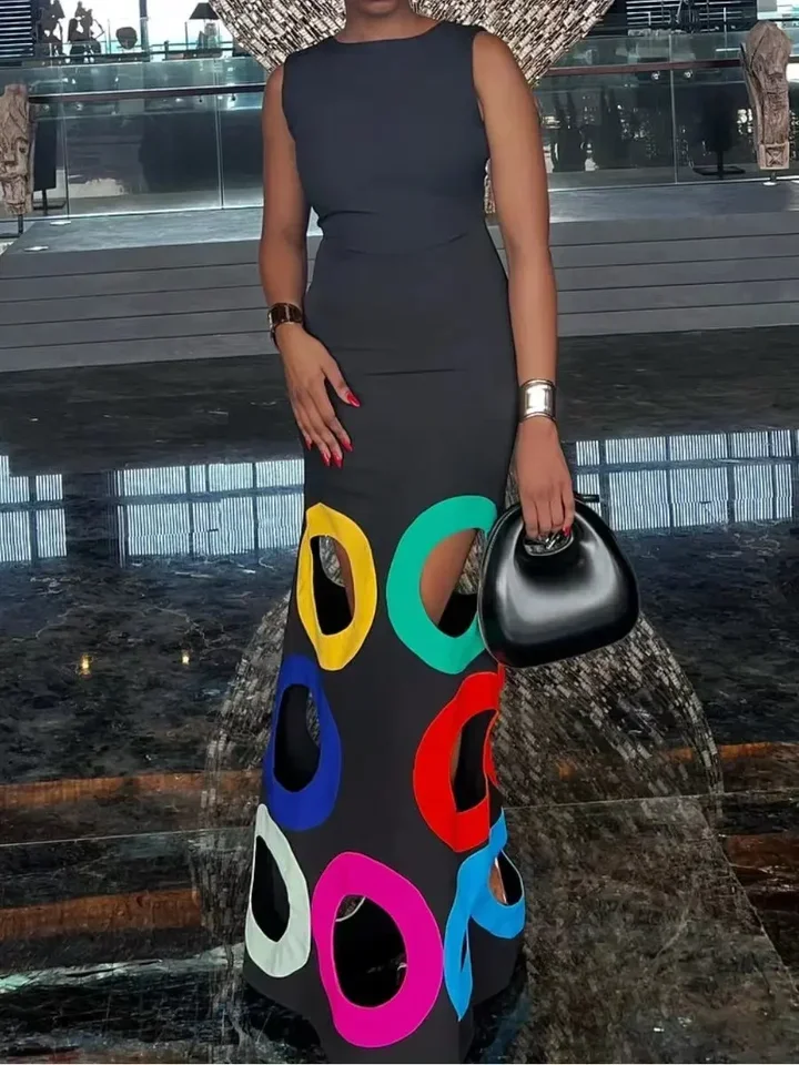 Summer New High Waist Evening Dress Women Elegant Casual Sleeveless Sundress Black Slim Hollow Sexy Party Vacation Long Dresses