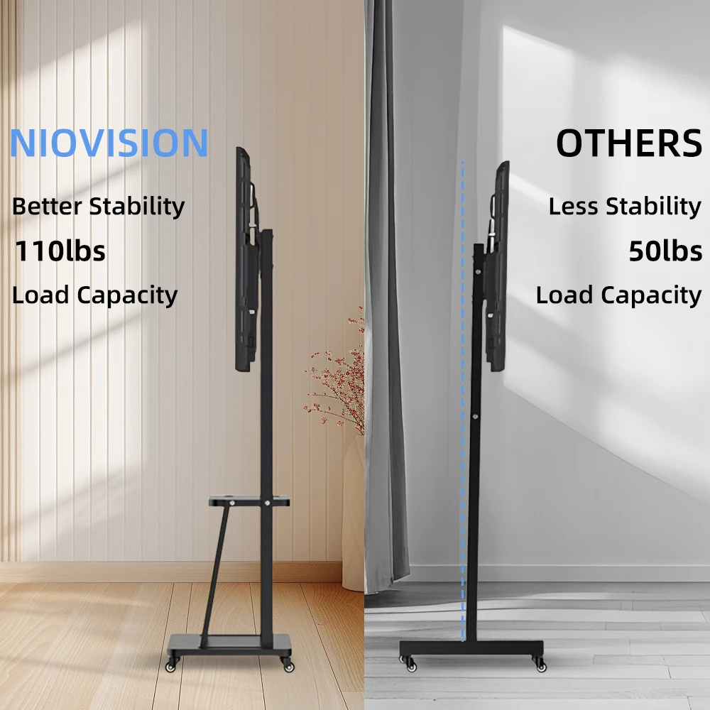 عربة تلفزيون متنقلة، حامل تلفزيون قابل لضبط الارتفاع لأجهزة التلفاز مقاس 32-75 بوصة مع عجلة قابلة للقفل، حامل تلفزيون متدحرج بعجلات ماكس VESA 600 × 400 مم #5