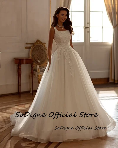 Imagen 2 del producto SoDigne-vestidos De novia De tul, línea A, cuello cuadrado, sin mangas, apliques, vestido De novia, bata De novia ﻿ Personalizado ﻿