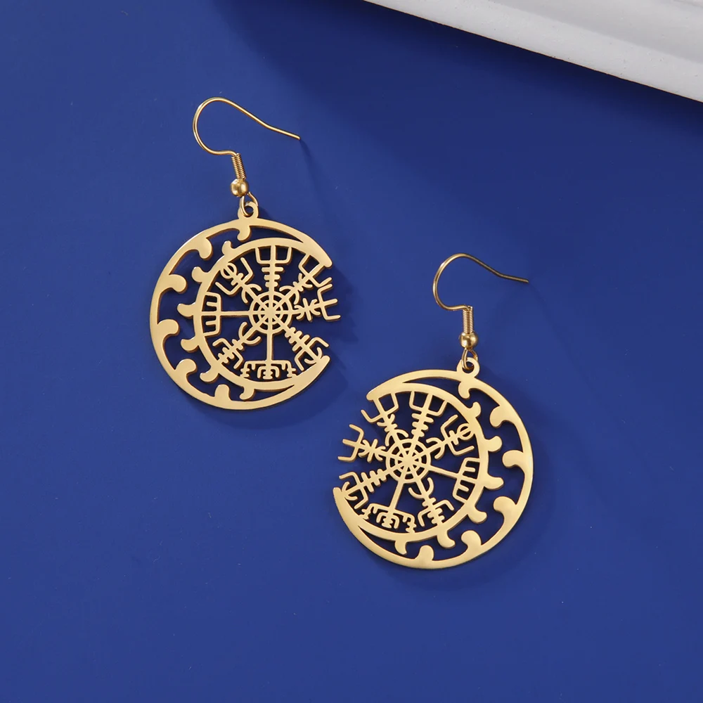 Dawapara Norse Compass Vegvisir Dangle Earrings Crescent Moon Protection Scandinavian Amulet Stainless Steel Jewelry