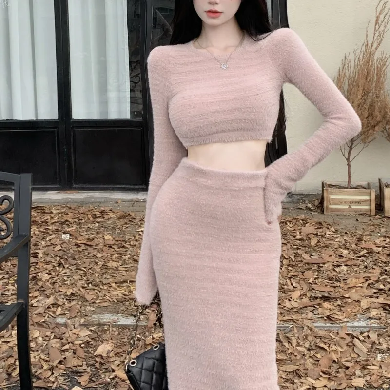 New Fashion Women 2 Piece Set Autumn Winter Mohair Knitted Sweater Long Sleeve Crop Top + Pencil Skirt Elegant Party Suit