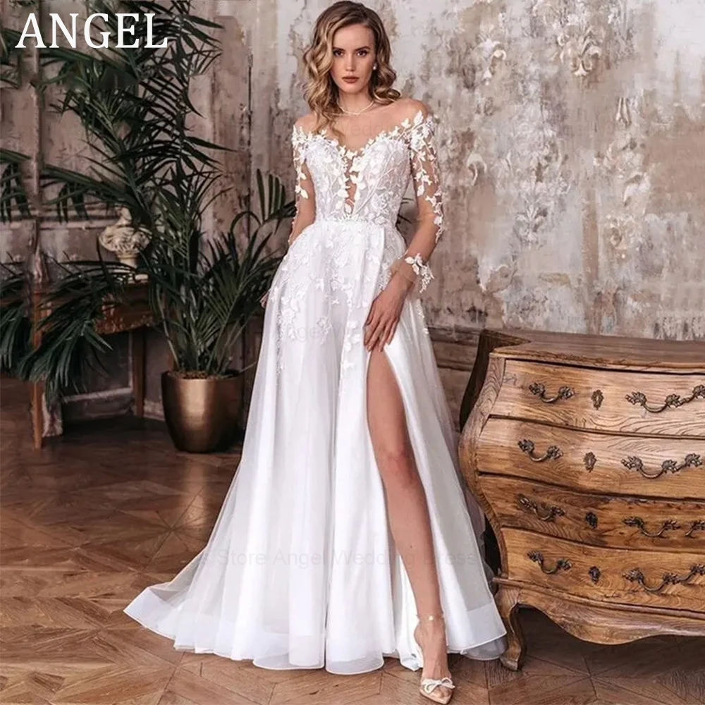 ANGEL Civil Wedding Dress For Bride Customized Long Sleeves Scoop Backless Bride Gowns Side Split A-Line vestido noiva boho