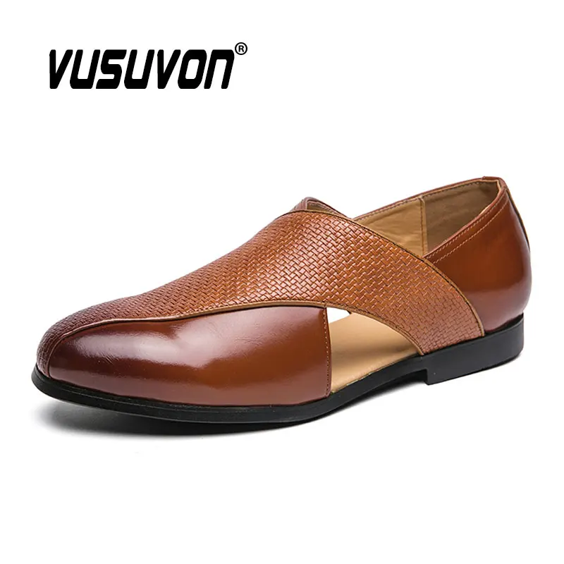 Mocasines de cuero para hombre, talla 38-47, zapatos negros transpirables, sandalias deslizantes planas informales suaves para exteriores para niños, sandalias deslizantes de verano