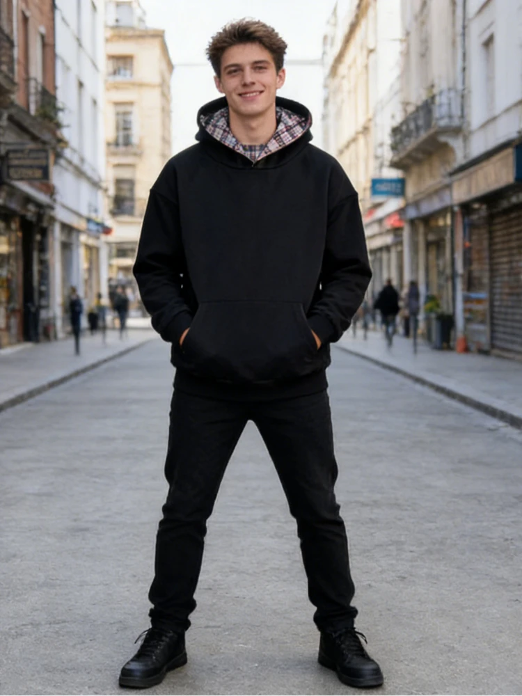 

Punk hooded sweatshirt with autumn and winter plaid lining and pullover, American retro jacket for men and women, couple style