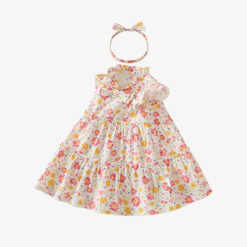 ICJAEHAO 2024 Girls Summer New Children's Clothes Pastoral Style Small Floral Children's Wear Children's Princess A- Line Dress