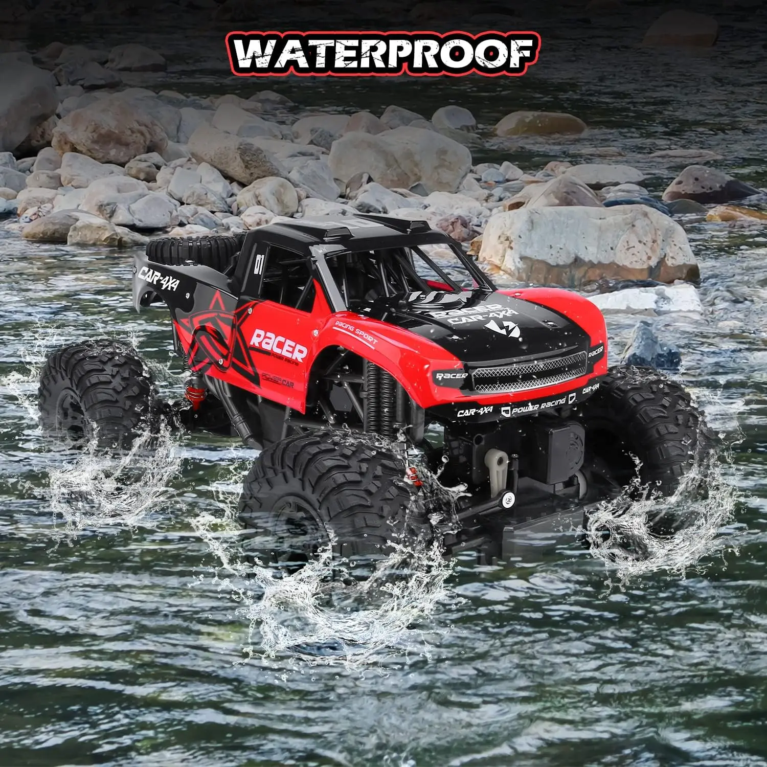 Waterproof - 1:12 Scale Large Amphibious Remote Control Car, Dual Motors Crawler Vehicle, Monster Toys with 3 Rechargeable Batte