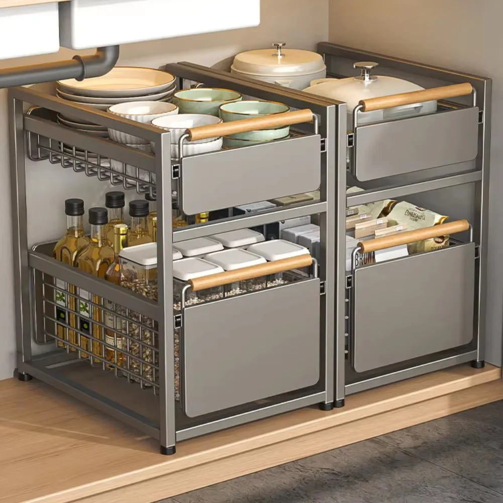 Kitchen Sink Storage Rack Sink Pull-Out Organizer Carbon Steel Bathroom Rack Layered Seasoning Storage Shelf Countertop Cabinet