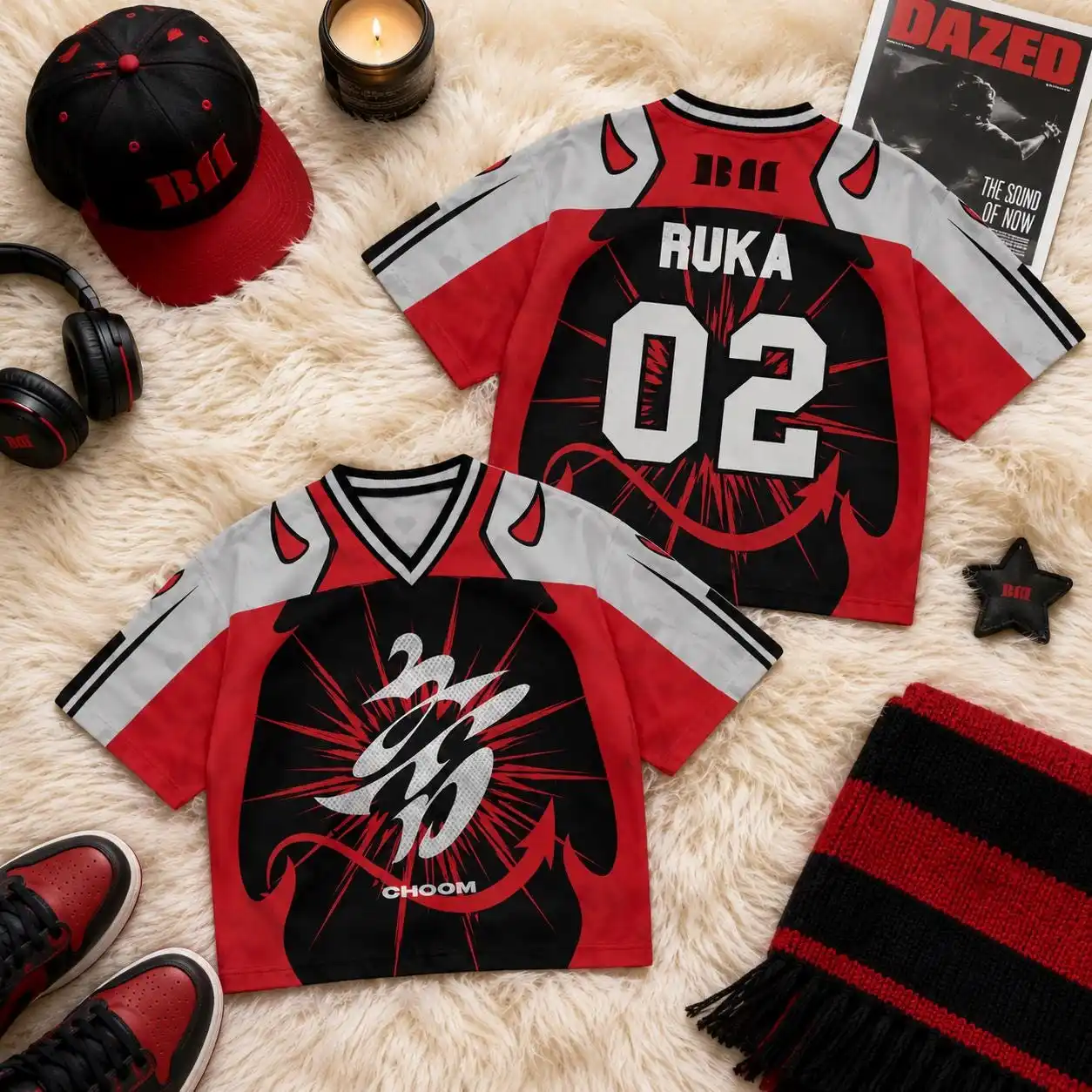 Black Red Star Mesh Jersey JUNGKOOK 97 Seven 07 Lightning Print V Neck Oversized Breathable Kpop Fan Concert Short Sleeve Top view 5