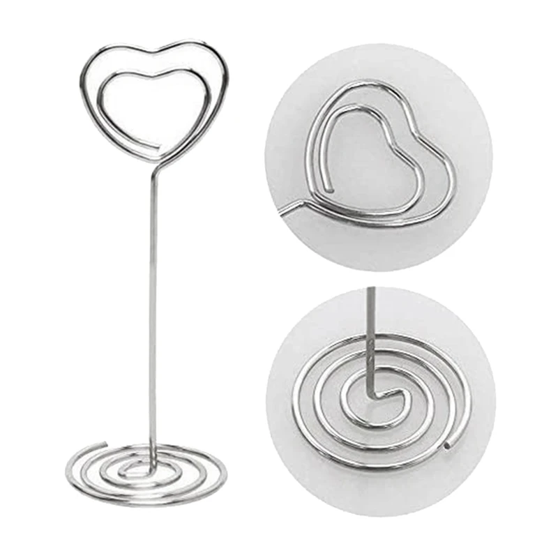 Supporto per carte da 60 pezzi supporto per foto da tavolo a forma di cuore supporto per foto da tavolo in filo metallico clip per Menu per numero di festa nuziale, argento