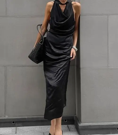

Design Sense Black Matte Swing Neck Off Shoulder Texture Dress Summer Women's Fashion Sexy Split Hip Bag Hanging Neck Dress