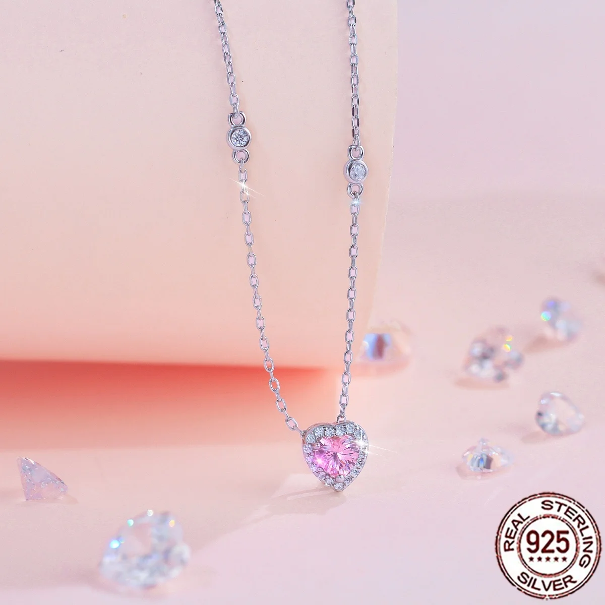 QooLady 925 Sterling Silber Rosa Herzschliff Zirkonia Halo-Fassung Anhänger Halskette Edler Schmuck für Frauen Valentinstagsgeschenk SD091 – Detail 4