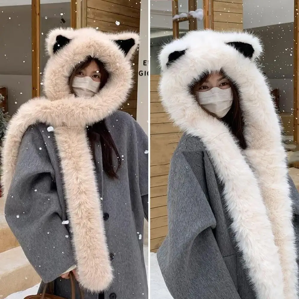 

Small Lei Feng Hat Plush Fox Ear Hat Scarf Integrated Plush Integrated Cap Ear Protection Beanie Hat Women's Winter Thick Scarf