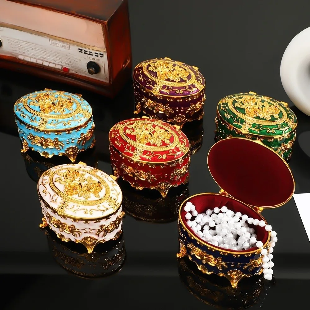 Necklace Case European Style Metal Jewelry Box Oval Zinc Alloy Rose Enamel Box Vintage Trinket Organizer For Home Wedding