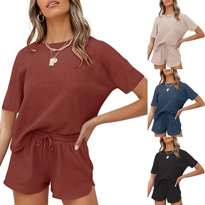 2024 spring and summer short sleeve two piece threaded sport crew neck casual home wear solid female