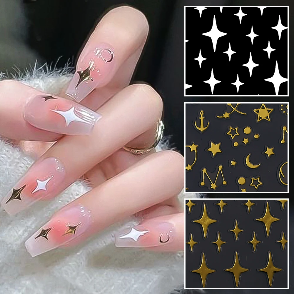 12Pcs Y2K Star Moon Nail Sticker 3D Gold Silver Starlight Adhesive Decals DIY Heart/Alphabet/English Word Manicure Sliders