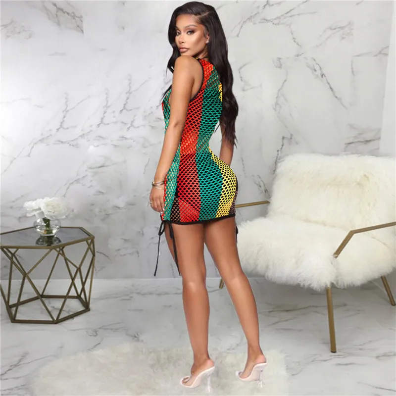 New Style Rainbow Striped Women Dress For Beach Cover Ups Hollow Out See Through Sexy Vestidos 2024 Fashion Party Mini Dresses