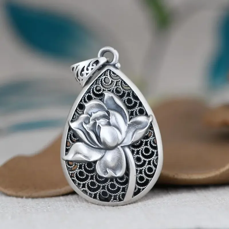 قلادة فضة قديمة مع زهرة لوتس محفورة ، قلادة متدلية ، سلسلة عارضة ، مجوهرات ساحرة ، طراز وطني ، كلاسيكي ، جديد