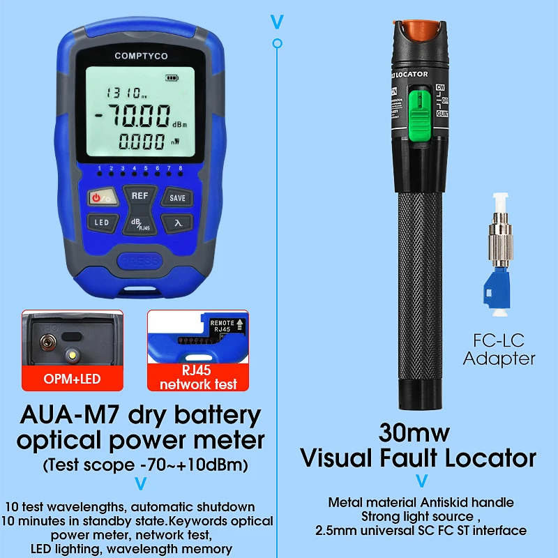 COMPTYCO 21pcs/set FTTH Fiber Optic Tool Kit with M7 OPM-70~+10dBm Optical Power Meter 30mw Visual Fault Locator AUA-6C Cleaver