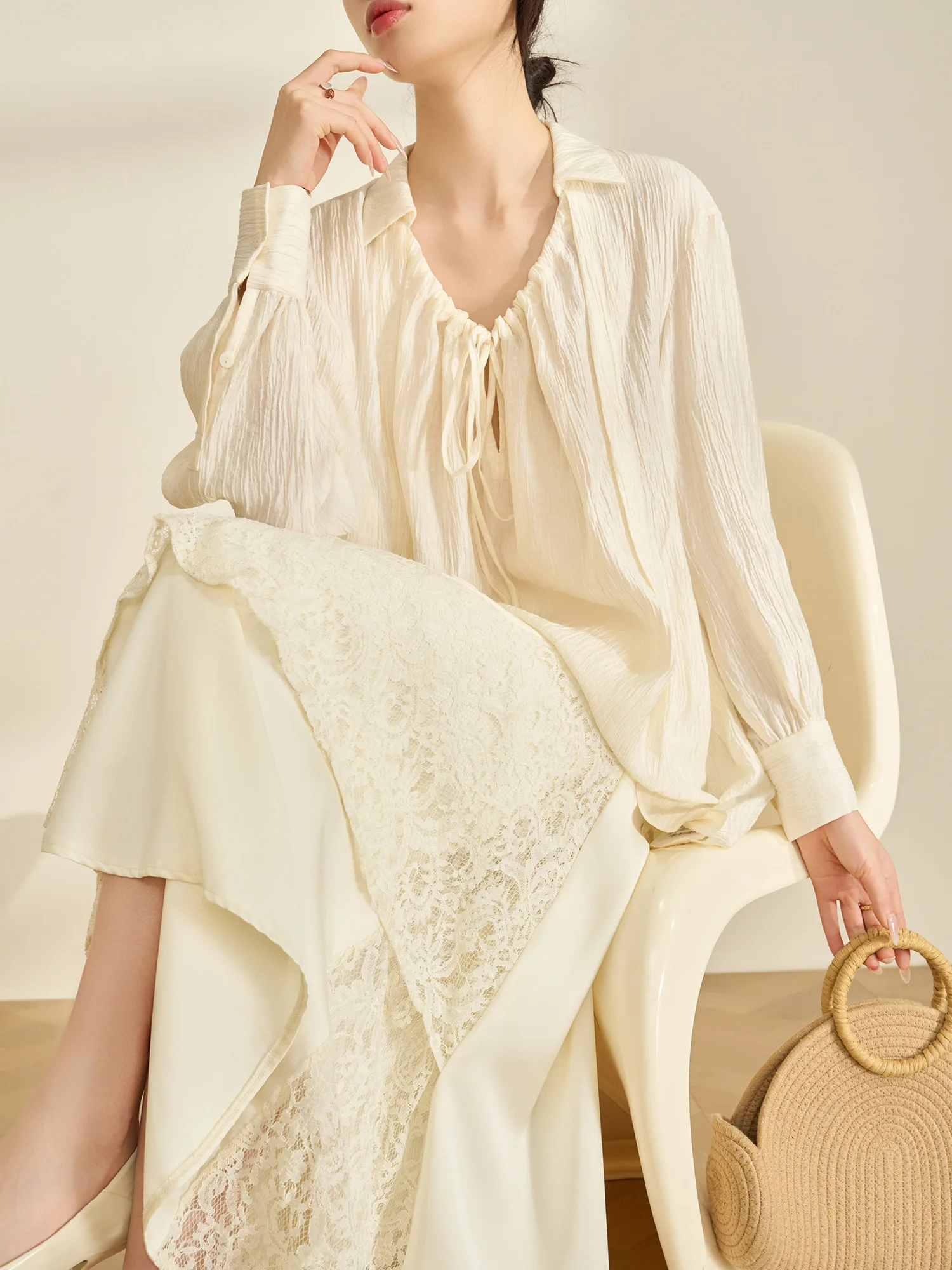 

Flowing Era Women's Long Sve irt Thin Breathable Casual Sle with Bow Tie Pleated Texture Spring 2026 Faion Ladies' S...