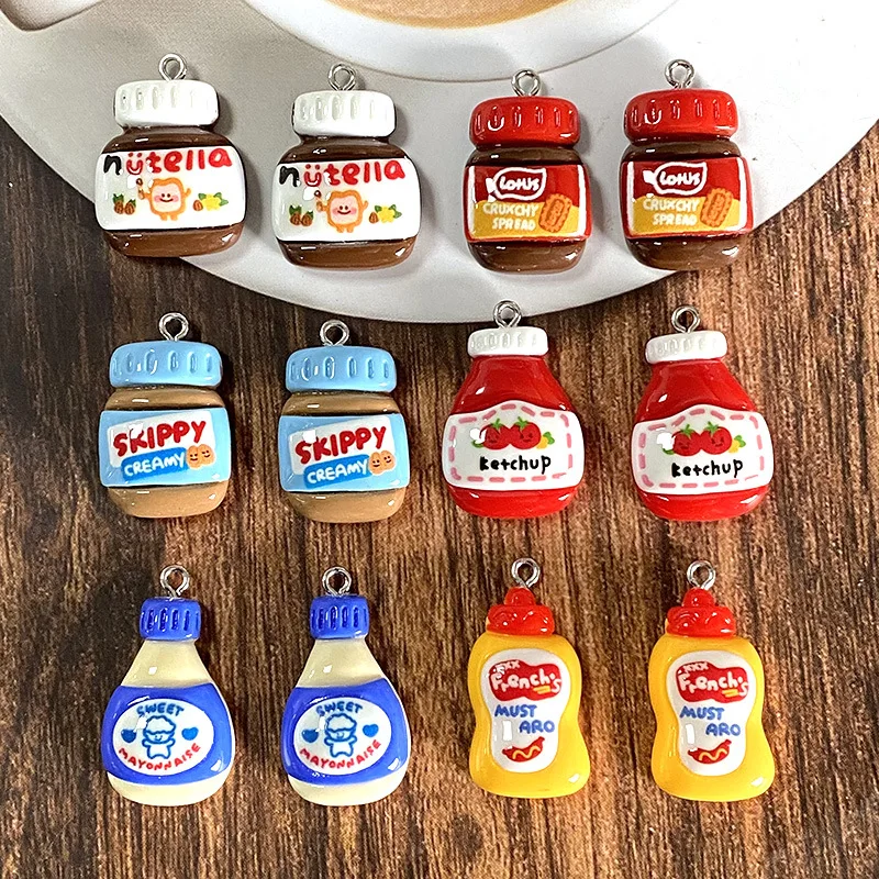 

10pcs Cute Mini Food Jar Resin Pendants Creamy Spread Sauce Bottle Charms DIY Jewelry Making Necklace Earring Keychain Supplies