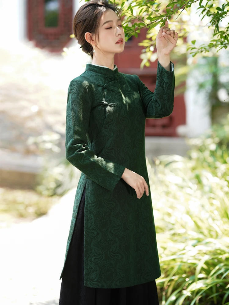 

Осень-зима, хлопково-льняной костюм Тан, топ, китайская рабочая одежда, женская длинная чайная одежда, средней длины, облегающая посадка