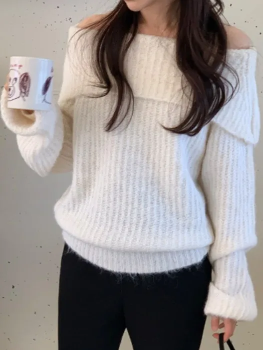 Coreano Sle Lazy Sle One oulder Long Sve Maglione lavorato a maglia da donna Inverno Faion Caldo allentato Dimagrante oulder Esposizione...