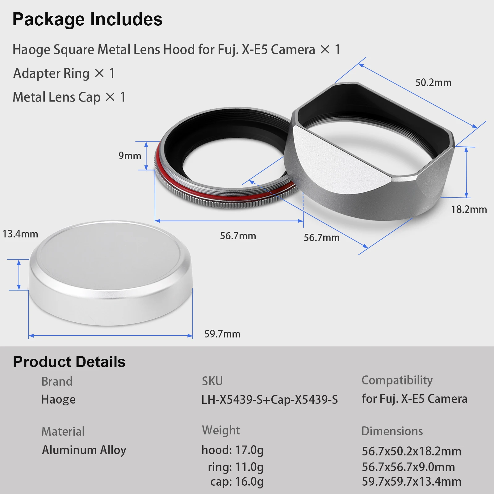 Haoge quadratische Metall-Gegenlichtblende für Fujifilm XF23mm F2.8 auf XE5 Kameragehäuse-Kit Fujinon XF27mmF2.8 R WR Objektiv 39mm Schraub-Gegenlichtblende – Detail 14