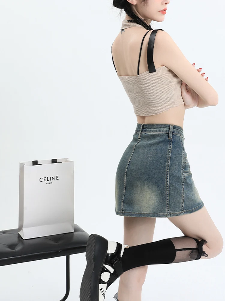 

Ретро-юбка из денима с высокой талией в американском стиле, свободного кроя, стройнящая, в уличном стиле, летняя мода для молодых женщин, А-силуэт