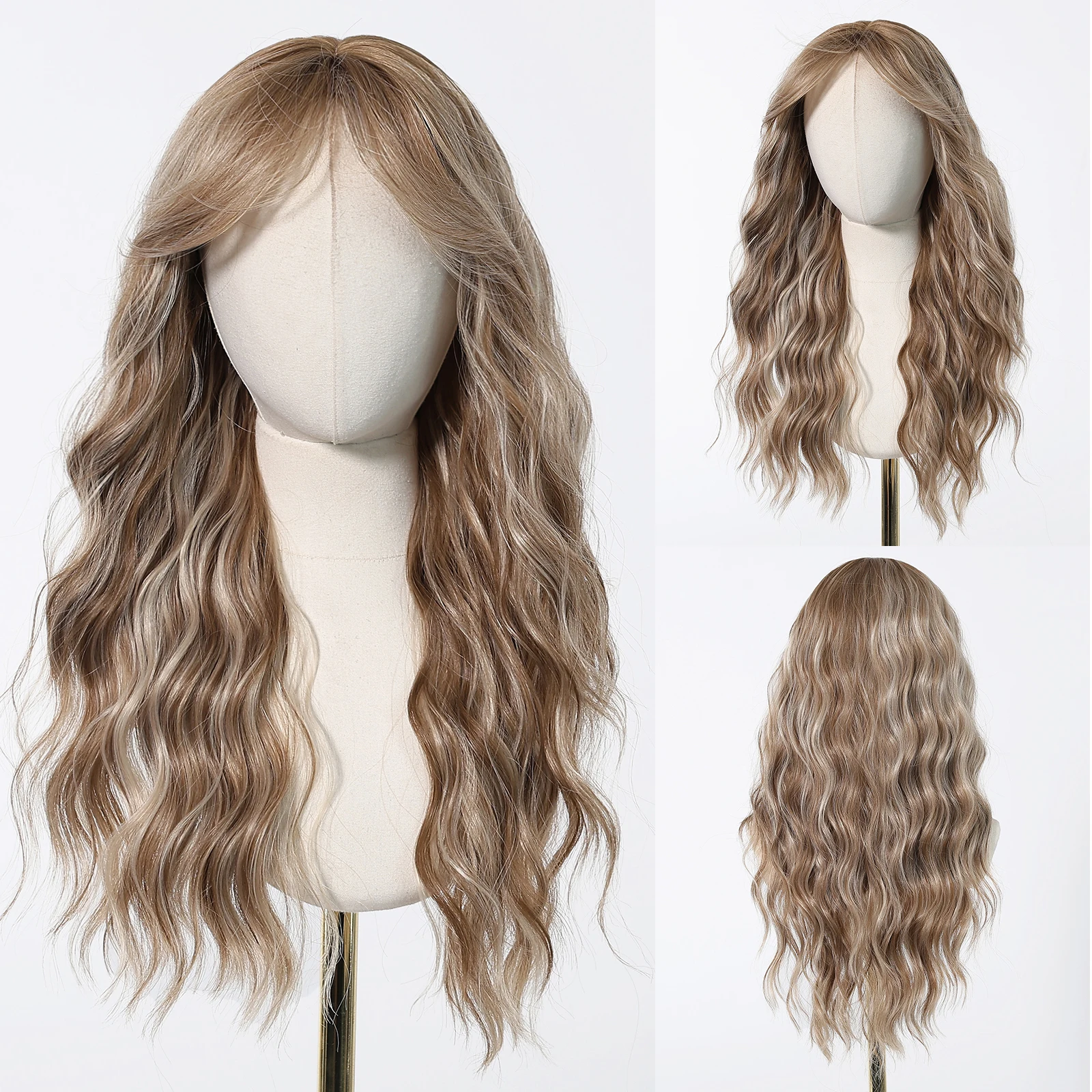 HENRY MARGU Brown Curly Synthetic Wig with Bangs Blonde Highlight Long Wavy Wigs Daily Party Heat Resistant Fake Hair for Women