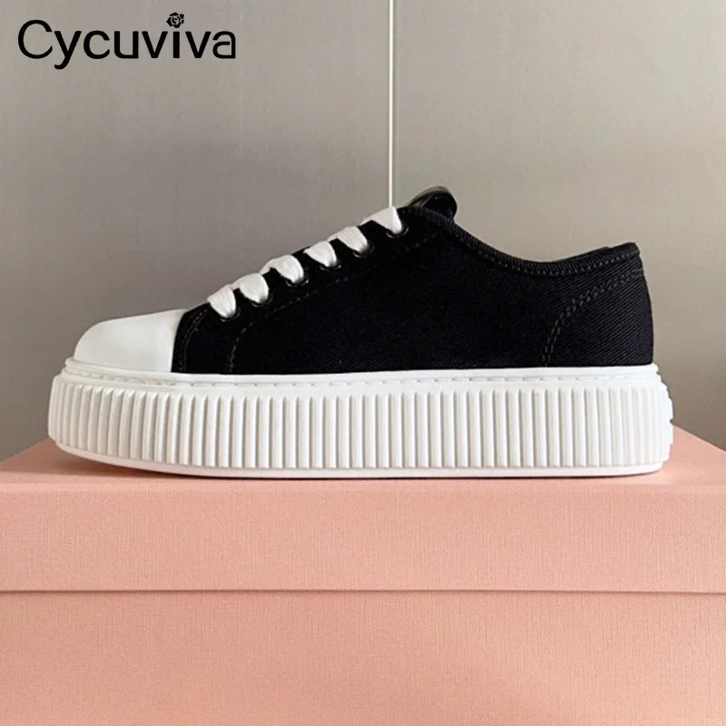 

New Lace Up Canvas Sneakers Women Thick Sole Designer Women Flat Platform Shoes Spring Casual Vacation Walking Shoes For Women