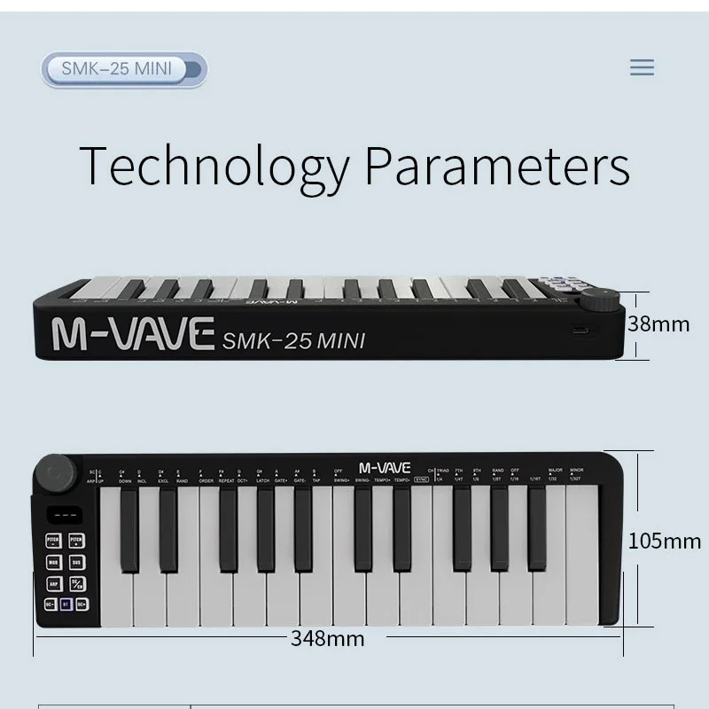 M-VAVE SMK-25 Mini 25 Key Bluetooth USB MIDI MIDI Keyboard Rechargeable for Mac and PC Smart Chord Scale Modes Software Included